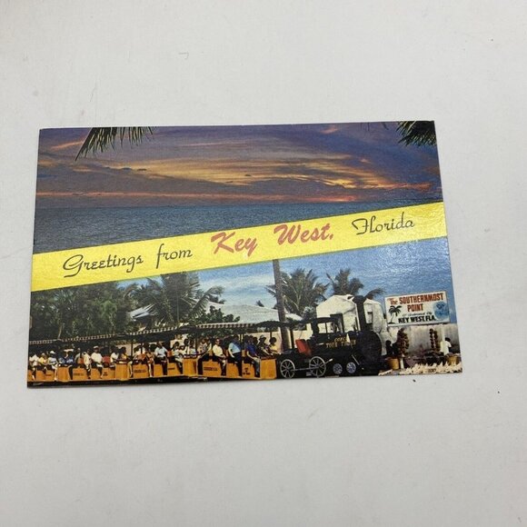 Vintage Greetings From Key West‎ FL Postcard Conch Tour Train Sunrise Unposted - Picture 1 of 5